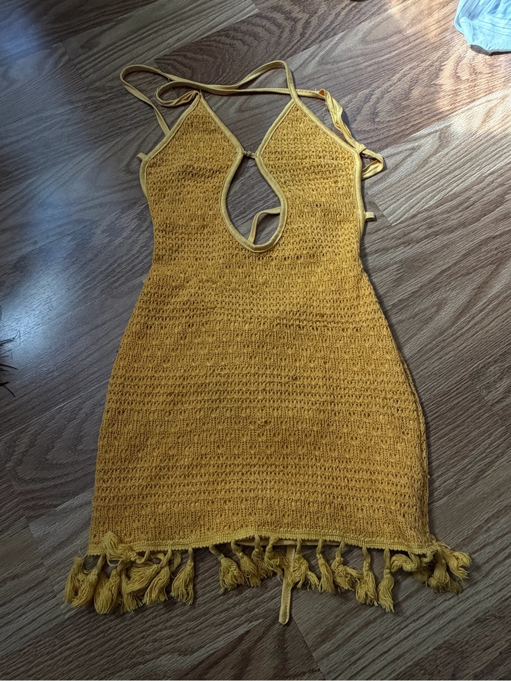 SHEIN Yellow Crochet Halter Mini Dress with Tassel Hem